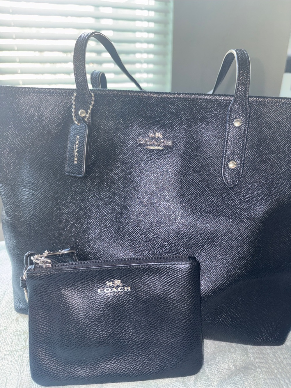 Coach Black Pebbled Leather Tote with Matching Pouch